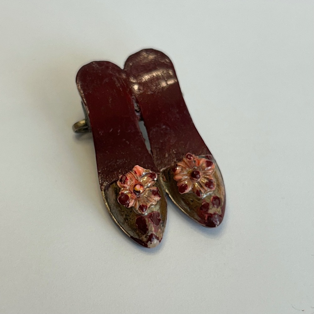 Vintage Miniature Shoe Brooch Burgundy Floral High Heel Mules Pin Accessory